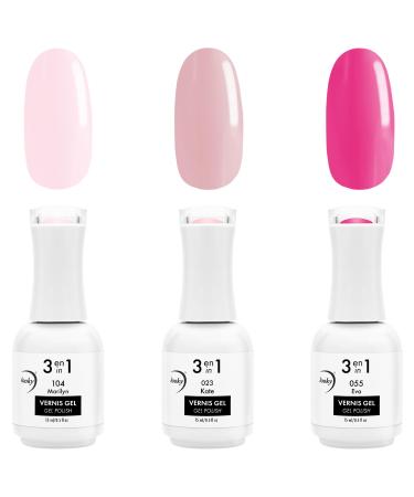 Looky 3-in-1 Gel Nail Polish 3 Pack Pretty in Pink trio #104 Marilyne #023 Kate #055 Eva Combined Base Color Top Coat Salon Quality Manicure at Home DIY Easy Application Nail Lacquer Enamel Quick UV LED Curing Long Lasting Color 3 x 15ml 45 ml (Pack of 1)