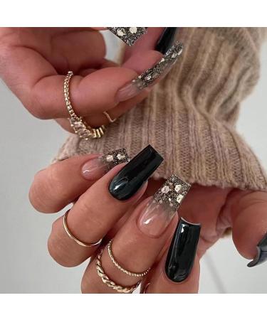 Mouyouglow press on nails medium ballerina nude pink gradient silver glitter sparkly black fake nails artificial nails with nail glue pink ombre shimmer artificial fingernails ... wg4