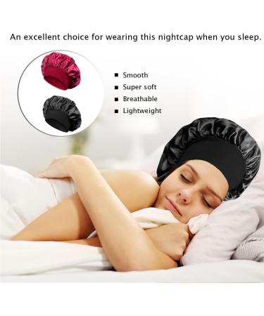 2 Pcs Satin Bonnet Night Sleep Caps with Wide Elastic Band Silk Bonnet for Sleeping Elastic Wide Band Night Sleep Bonnet Soft Satin Sleep Caps Hair Cap for Women Girls Curly Hair(Black&Burgundy) - Buy Online on GoSupps.com
