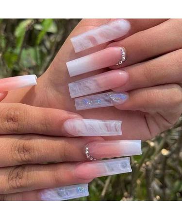 Ombre Pink White Press on Nails Long Square BAOYAALIN Glitter Fake Nails with Rhinestones Design Gel Glue on Nails for Women Girls Full Cover Acrylic Artificial False Stick on Nail for Wedding 24Pcs Ombre Pink White with Rhinestones A01