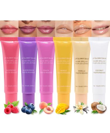 6Pcs Fruity Lip Balm & Gloss Set Hyaluronic Acid Nourishing Lip Balm for Dry Lips Long-Lasting Moiturizing Coconut & Raspberry & Blueberry & Peach & Mango & Vanilla Hydrating Lip Care for Women 0.34 Fl Oz 6Pcs 6 Count