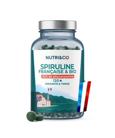NUTRI & CO Organic Spirulina 100% French Grown in Provence - 20% Phycocyanin - Rich in Protein Vitamin B12 & Antioxidant - 120 Tablets of 500 mg Vegan No Excipients