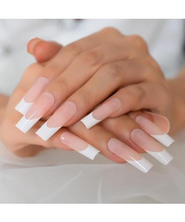 24pcs Long Square Nude White French Tip Press On False Nails for Women - Glossy Gel Full Cover Manicure - Buy Online on GoSupps.com