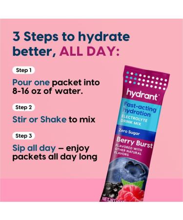 HYDRANT - Hydration Powder Berry Burst Flavor 8 Individual Sugar-Free Instant Electrolyte Rehydration Packets - Zero Sugar Drink Mix for Daily Use Travel & Workouts - Buy Online on GoSupps.com