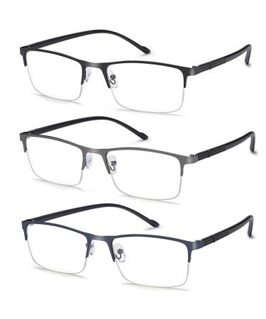EYEURL 3 Pack Reading Glasses for Men and Women, Rectangular Metal Half Frame Blue Light Blocking Readers Anti Eyestrain 1.25 3 Pack 1.25 x