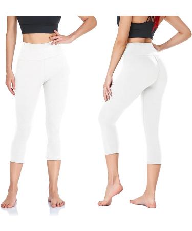 Womens High Waisted Tummy Control Fleece Capri Leggings - Non See Through Yoga Pants - White - Large/X-Large - Buy Online on GoSupps.com