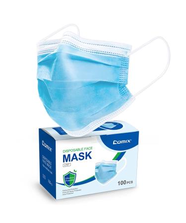 Comix Disposable Face-Masks with 3-Layer Adult Masks, L707 Pack of 100 Blue
