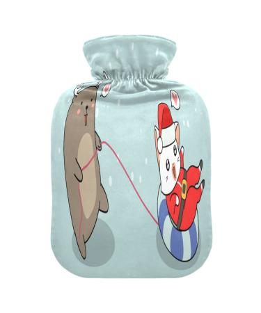 Reindeer Dragging Santa Cat Hot Water Bottle with Soft Fleece Cover 2 Litre Hot Water Bag for Hot and Cold Compresses