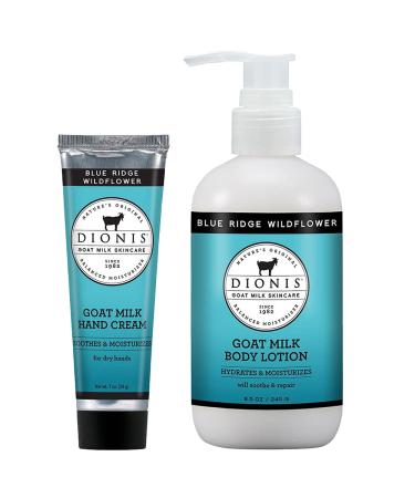 Dionis - Goat Milk Skincare Blue Ridge Wildflower Scented Hand Cream & Lotion Set (1 oz and 8.5 oz) - Made in the USA - Cruelty-free and Paraben-free