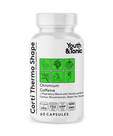 Youth & Tonic Corti-Thermo Shape 60 Capsules Advanced Diet Pills as Support for Energy Metabolism Focus Cravings for Men and Women with Caffeine Chromium Glucomannan Guarana Hoodia Gordonii I