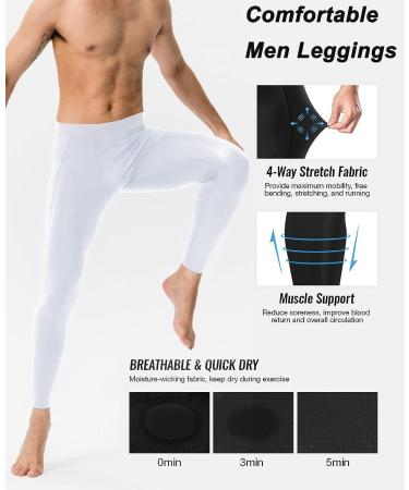 Men's White Cool Dry Compression Pants with Pocket - Medium | Active Workout Leggings for Running, Yoga, Basketball - Buy Online on GoSupps.com