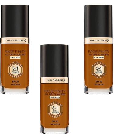 3 x Max Factor Face Finity Flawless 3 in 1 Foundation 30ml 100 Sun Tan