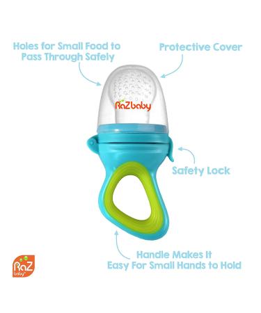 RaZbaby Baby Solids/Frozen Fruit Feeder Pacifier 2-Pack | BPA-Free Silicone Teether Toy for Infants 6M+ | Safe Introduction to Solids & Teething Relief | Dishwasher Safe | Orange/Blue + Green/Blue - Buy Online on GoSupps.com