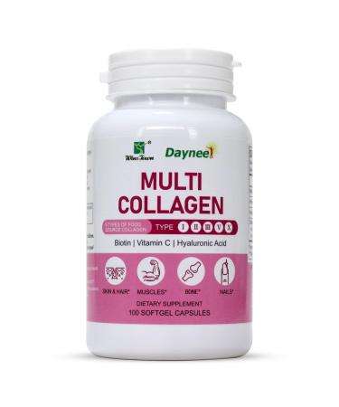 Multi Collagen Peptides Softgels for Women, Contain Hyaluronic Acid, Vitamin C & Biotin, 5-Type Blend (I, II, III, V, X) from Food Sources, 100 Count