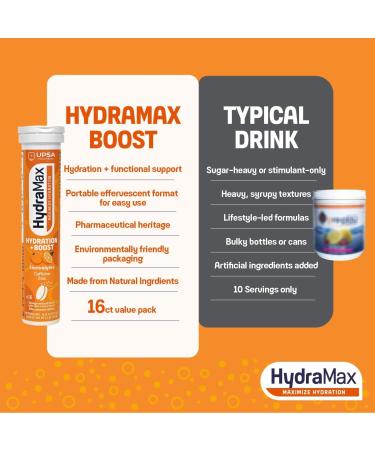Upsa Hydramax Boost Electrolyte Supplements 16 Count - Natural Orange Flavor 4 Electrolytes Plus Vitamin C & B3 - Buy Online on GoSupps.com
