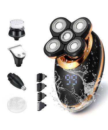 Electric Shavers for Men - 5 in 1 Bald Head Shavers for Men, 5D Floating Cordless USB Rechargeable Rotary Razor Multifunctional Grooming Kit Beard Trimmer Waterproof Wet and Dry with LED Display Gold 5d