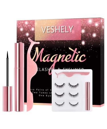 VESHELY Magnetic Eyelashes with Eyeliner Kit 3 Pairs Natural Look False Lashes Kit and Waterproof Magnetic Liner 3D Short and Long Eyelashes Set - No Glue Needed