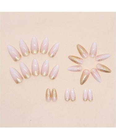 24Pcs Short Almond Pink French Tip Press on Nails with Gold Glitter - DIY Stiletto Acrylic False Nails for Women and Girls - Includes Glue Stickers - Buy Online on GoSupps.com