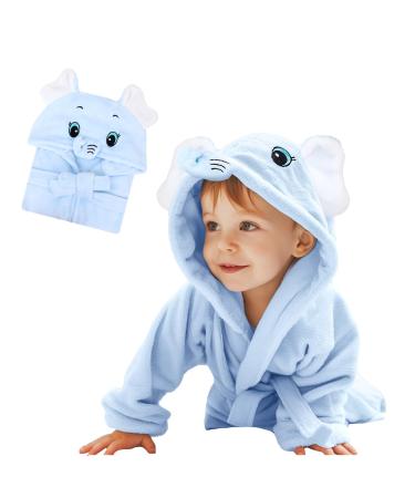 Wytbaby bathrobe baby soft flannel children bathrobe with hood quick dry bathrobe for baby girls boys 12-24 months blue elephant