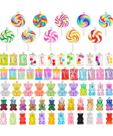 Hicarer 70 Pieces Colorful Candy Pendant Charm for Jewelry Making Cute Gummy Candy Bear Lollipops Pendant Charms Polymer Clay Resin Charms for DIY Keychain Necklace Bracelet Earring Craft