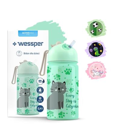 Wessper Children's Water Bottle 410 ml, Insulated Bottle with Straw, IIoxidable Aier | 1 Click Cap, BPA-Free, for School, Spo