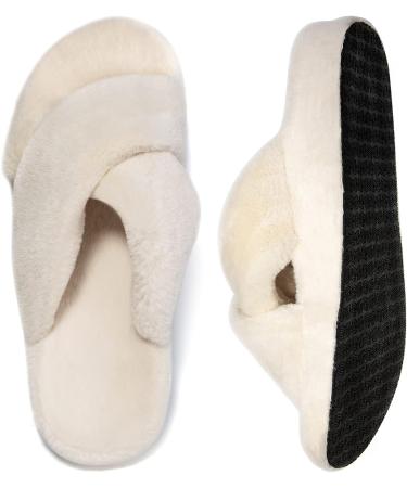 Orthotic Insole Arch Support Women's Fuzzy Cross Band Slippers - Cream - Buy Online on GoSupps.com