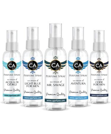 CA Perfume Best Spring Men Set Impression of (Light Blue + Mr.Savage + Code + Aventura + Aqua Di Giorgi) Fragrance Sample Travel Size Parfum Sprayer (2 Fl Oz/60 ml) x 5