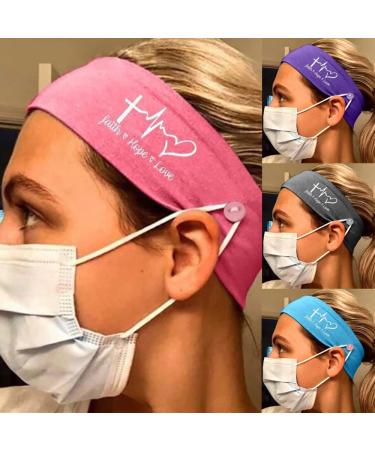 Jorsnovs 4 Pack Printed Non Slip Elastic Nurse Headbands with Buttons for Mask Yoga Wicking Sweatband Workout Headwraps Hair Bands for Women Set 1