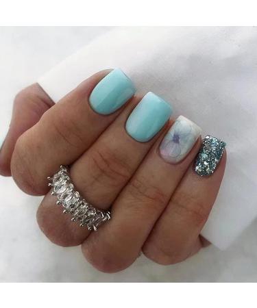 GORS Summer Light Blue Press on Nails - Medium Square Flowers Sequins Solid Colors Fake Nails Glue on Nails Full Cover Stick on Nails False Nails Acrylic Nails Artificial Nails for Women 24Pcs/Set Light Blue & Flowers Se...