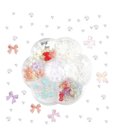 3D Bow Nail Decorations 5 Styles Mini Bow Charms with Cute Rhinestones Bear and Pearl Stones Colorful Matte & Aurora Bow-Knot Charm for Nail Design Jewelry DIY Project