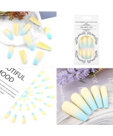 Sethexy Long Matte Ballerina False Nails - 24 Blue French Coffin Acrylic Tips with Glue for Women & Girls - Buy Online on GoSupps.com