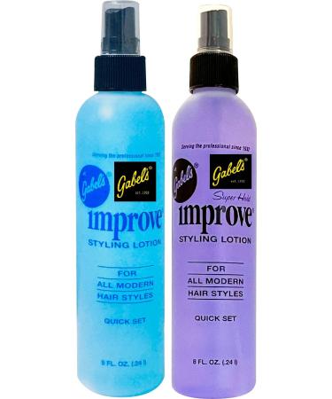 Improve Gabel s Styling Lotion Hair Spray Quick Set 8oz - Blue(1) Purple(1) Pack of 2. Authentic Gabel's Manufacturer Direct has Gabel's logo in black label. Blue 8oz Purple 8oz