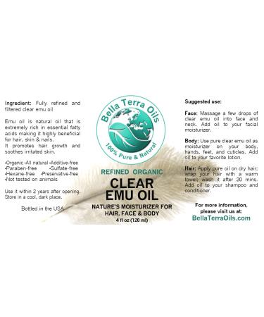 Bella Terra Oils Ultra Clear Emu Oil 4 oz - 100% Pure Fully Refined Organic - 4 Fl Oz Pack of 1 - Buy Online on GoSupps.com