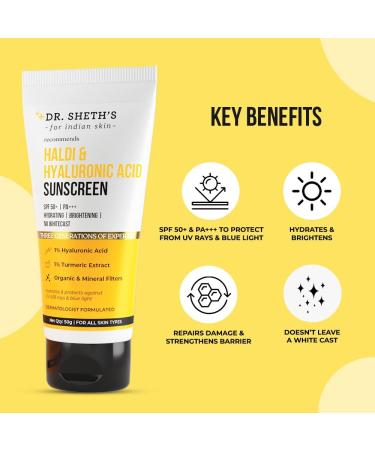 Haldi & Hyaluronic Acid Sunscreen SPF 50+ | Hydrating & Brightening with Turmeric Extract | Protects Against Blue Light | 50g - Buy Online on GoSupps.com