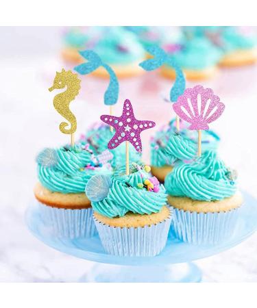 Morndew 24 PCS Glitter Starfish Shell Hippocampus Mermaid Tail Cupcake Toppers Ocean Theme Party Birthday Party Baby Shower Wedding Party Decoration - Buy Online on GoSupps.com