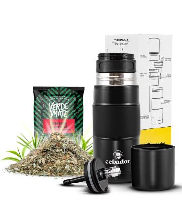 Coffret Yerba Mat Yerbomos X Noir 450ml + chantillon Verde Mate Green Energ a Guaran 50g Gourde thermos 3-en-1 Infusion emporter