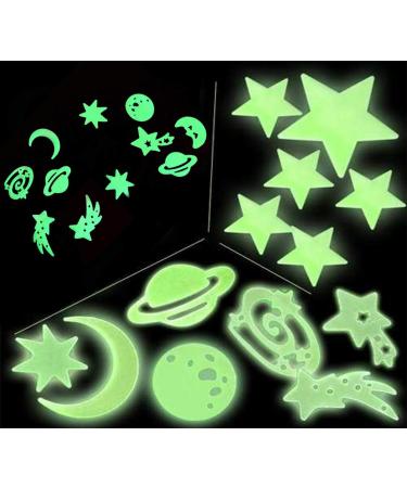24 3D Glow in The Dark Magical Galaxy Planets Shooting Stars and Moon Shapes Florescent Wall Decals Decor Stickers for Sensory Nursery Baby Kids Children Bedroom Decoration (24 Galaxy & Planets)