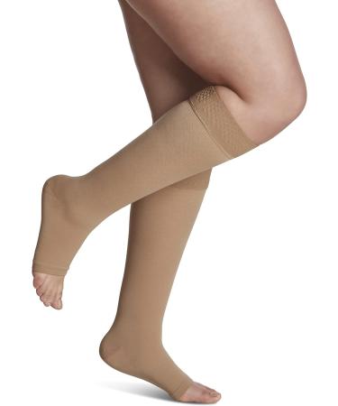 SIGVARIS Men’s & Women’s Essential Opaque 860 Open Toe Calf-High Socks w/Grip Top 20-30mmHg - Large Short - Nude light beige (crispa) LS - Large Short