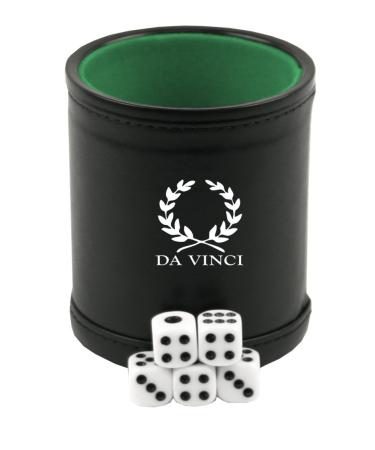 DA VINCI Professional Dice Cup with 5 Dice. Black Leatherette Exterior with Velvet Interior Green-felt