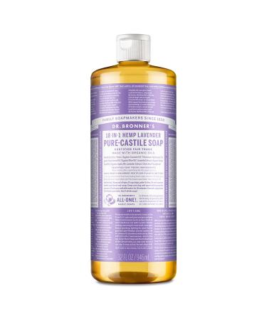 Dr. Bronner s - Pure-Castile Liquid Soap (Lavender  32 Ounce) - Made with Organic Oils  18-in-1 Uses: Face  Body  Hair  Laundry  Pets and Dishes  Concentrated  Vegan  Non-GMO Lavender 32 Fl Oz (Pack of 1)