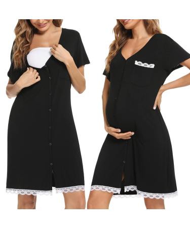 Uniexcosm Maternity Nursing Nightdress Women's Short Sleeve Nightwear Soft Button Down Nightgown Stripe Sleepwear Maternity Pyjamas Nightshirt Black L - Buy Online on GoSupps.com