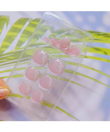 24Pcs Glossy Nude Pink French Tip False Toe Nails with Floral Designs - Acrylic Press On Toenails for Women & Girls - Buy Online on GoSupps.com