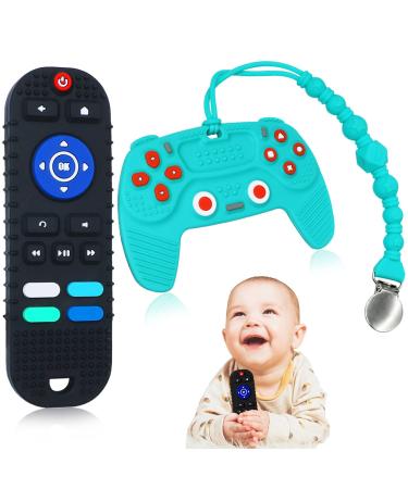 Silicone Baby Teething Toys 2 Pack Teethers for Babies with Pacifier Clip Game Remote Control Teether for Baby Boys Girls Durable Sensory Chew Toys for Kids Toddlers Infants