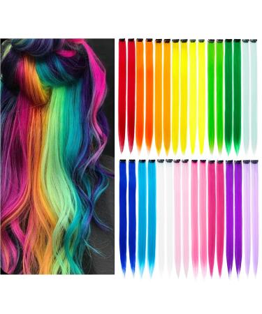 KGBFASS 32Packs Colored Hair Extensions 20Inch Straight Color Clip in on Hair Extension Rainbow Party Highlights Synthetic Hairpiece for Girls (16 colors) Rainbow color-32Pcs