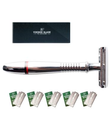 Double Edge Safety Razor by VIKINGS BLADE, Long Handle, Swedish Steel Blades Pack + Luxury Case. Traditional 3 Piece, Heavy Duty, Reduces Razor Burn, Smooth, Close, Clean Shave (Model: The Godfather) Chromium Silver