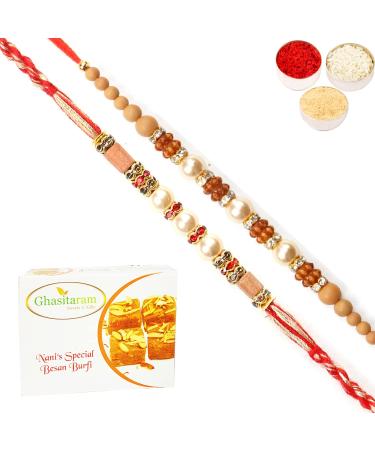 Ghasitaram Gifts Rakhi for Brother Rakhis Online - Set of 2 6299 6340 Pearl Rakhis with 400 GMS of Besan Barfi