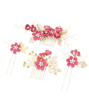 Toyvian Hair Styling Accessories 4pcs Handmade Wedding Hair Comb Clip Floral Girls Bridal Hair Accessories Rhinestone Hair Piece for Brides and Bridesmaid (Rosy) Jewelry Kits