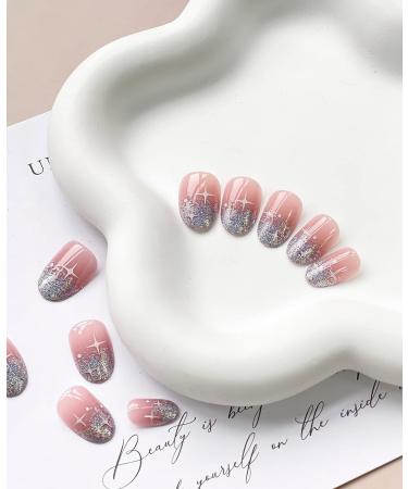 Summer Glitter French Tip Short Round Press on Nails - 24 Pcs with Stars Designs | Glossy False Nails for Women and Girls - Includes Nails Glue | Artificial Acrylic Full Cover False Nails - Style1 - Buy Online on GoSupps.com