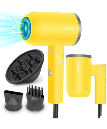 APOKE Hair Dryer with Diffuser, Professional 1800W Blue-ray Ionic Ceramic Tourmaline Compact Travel Blow Dryer with Comb Attachment, Portable 2 Speed/3 Heat Settings Foldable Small Diffuser Hairdryer Yellow