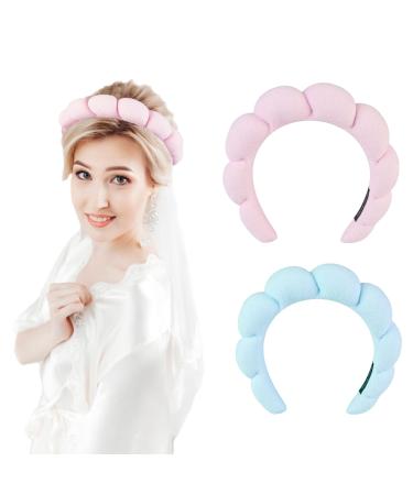 Spa Headband for Women 2 Pack Makeup Headband Sponge Spa Headband Hair Band Accessories for Spa Face Washing Makeup Shower Blue and Pink Blue-Pink